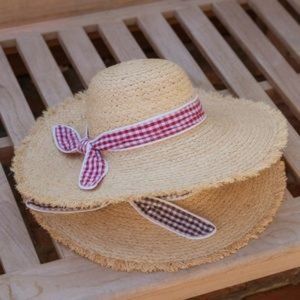 POL - NWT - Natural Color Straw Hat with Red/White Gingham fabric Tie